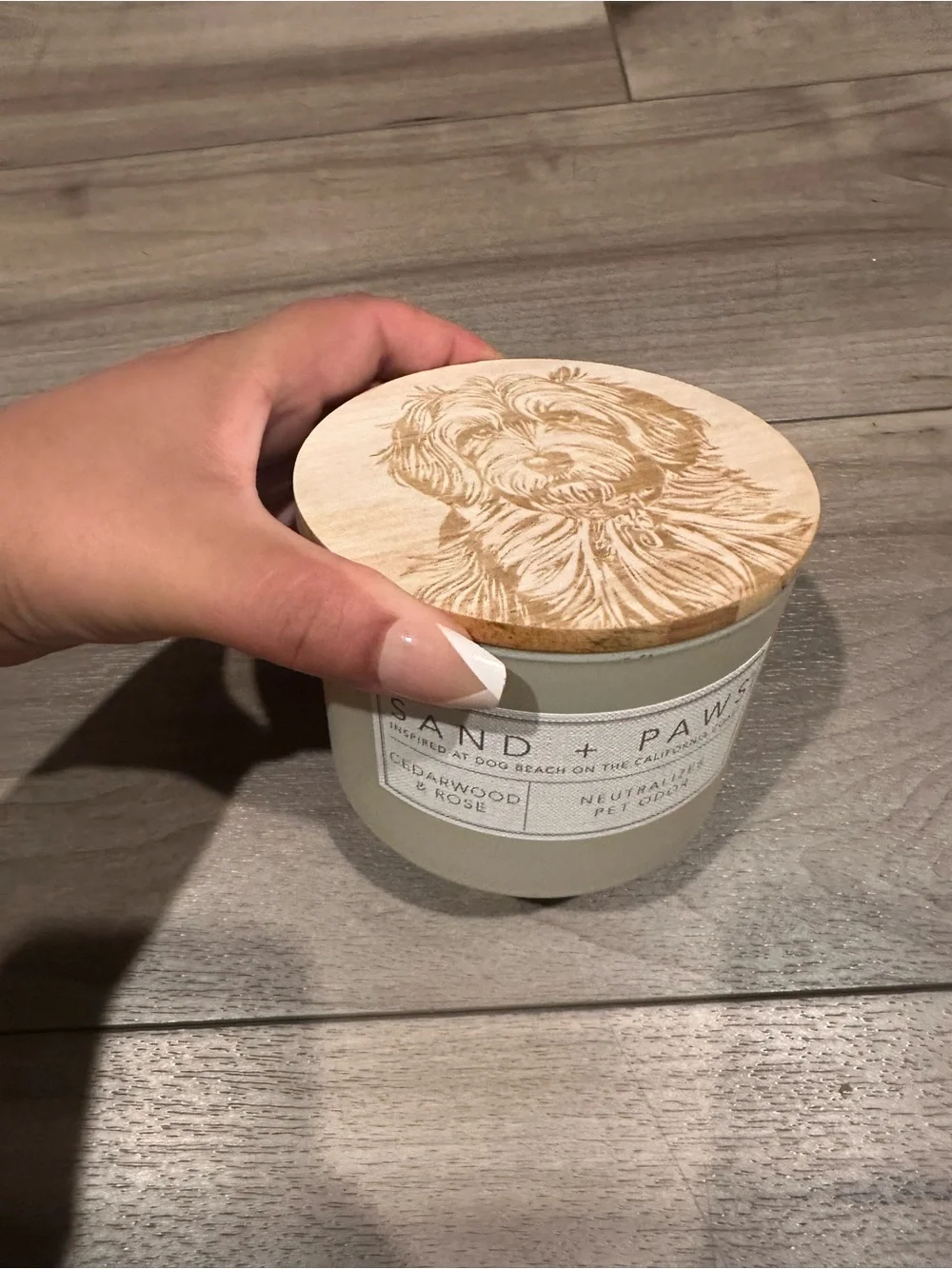 Pavement Cedarwood & Rose 🌹 Olive Two-Wick Candle  with Wooden Lid sand + paws 🐾